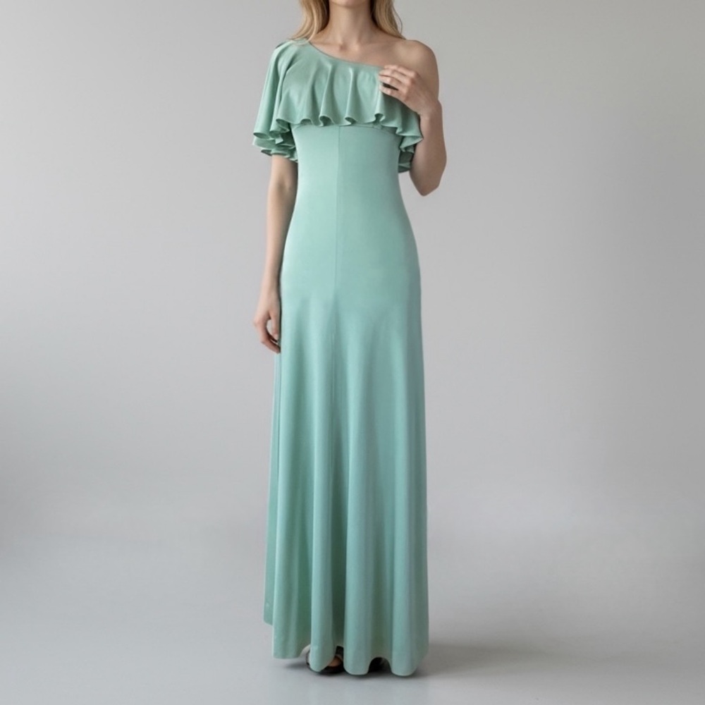 Vtg 70s Maxi Dress 10 Mint Green One Shoulder Ruffle Fairy Goddess Prom Gown